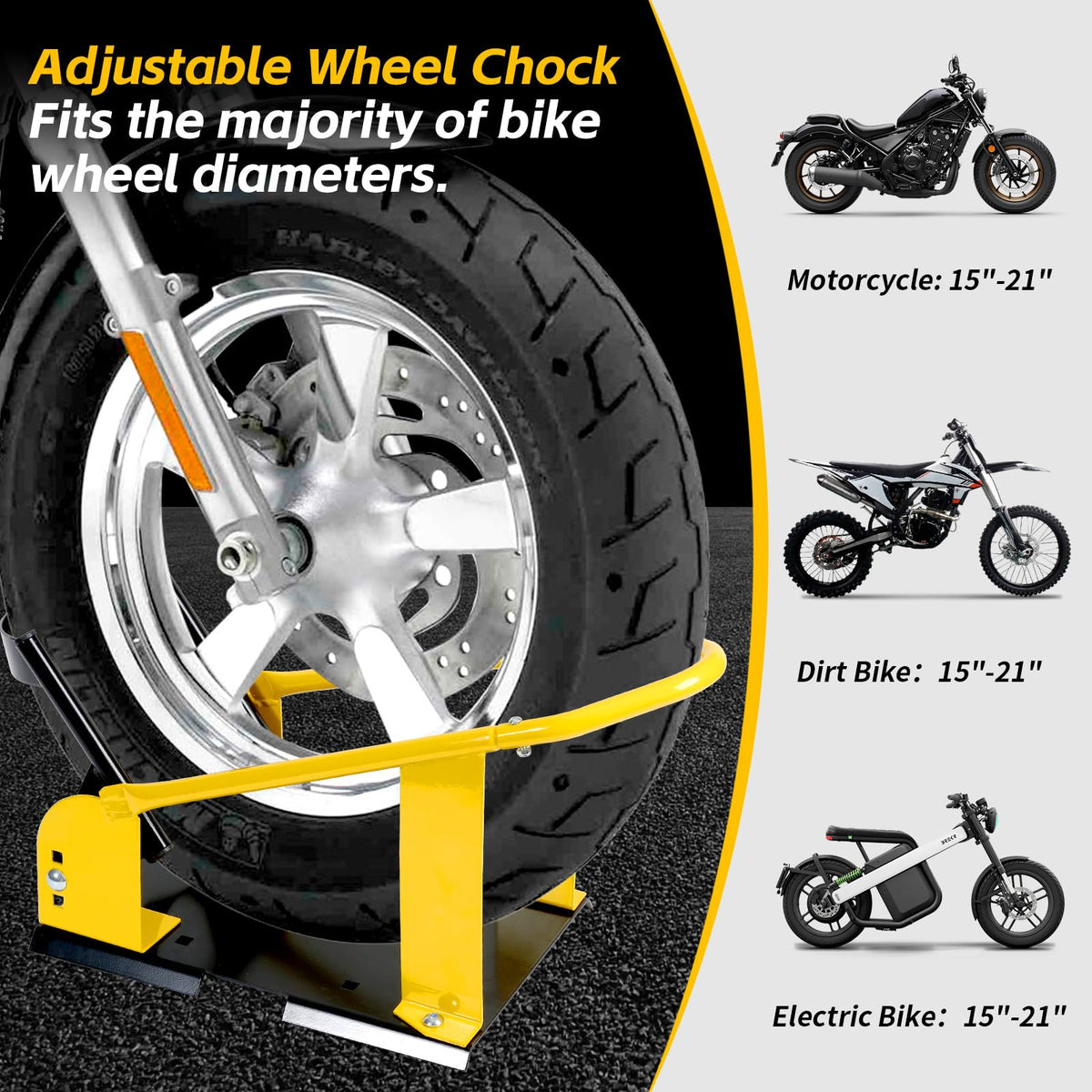 MaxxHaul Adjustable Motorcycle Wheel Chock Stand with Auto-Lock Cradle, Fits 15"–21" Tires – Heavy-Duty Steel Bike Stand for Trailer, Garage & Truck