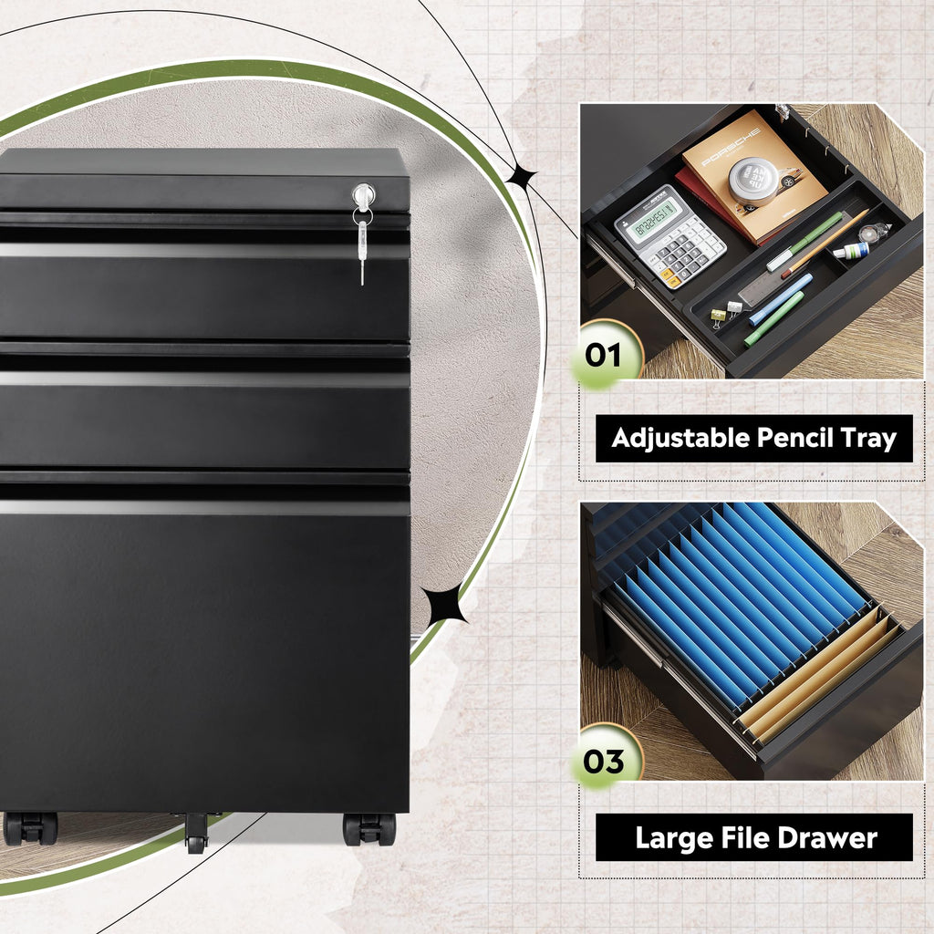 DEVAISE 3 Drawer File Cabinet with Lock, Fully Assembled Except Casters