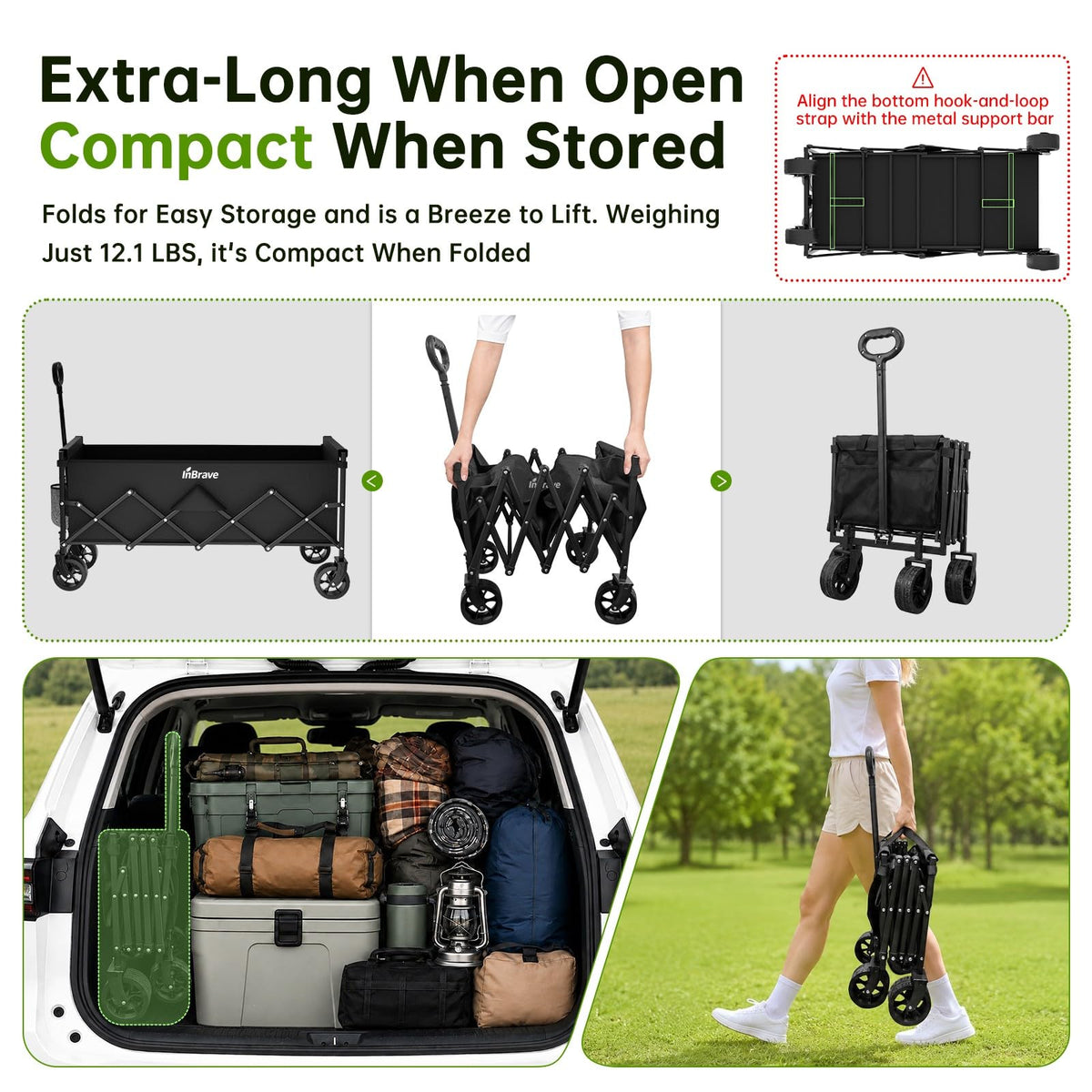 34" Extra Long Collapsible Wagon Cart, 360LBS Capacity, Black