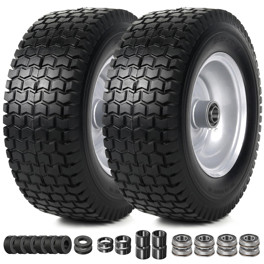 AR-PRO (2 Pack) 13x5.00-6 Flat Free Tire and Wheel Assembly, Solid Lawn Mower Front Tire with 3" Centered Hub, 3/4" Bearing extra 5/8"&1/2"