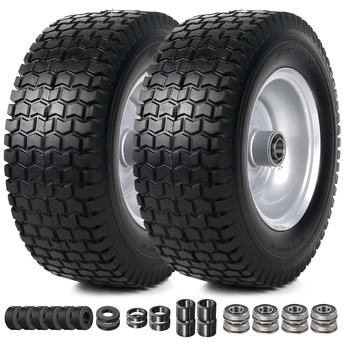 AR-PRO (2 Pack) 13x5.00-6 Flat Free Tire and Wheel Assembly, Solid Lawn Mower Front Tire with 3" Centered Hub, 3/4" Bearing extra 5/8"&1/2"