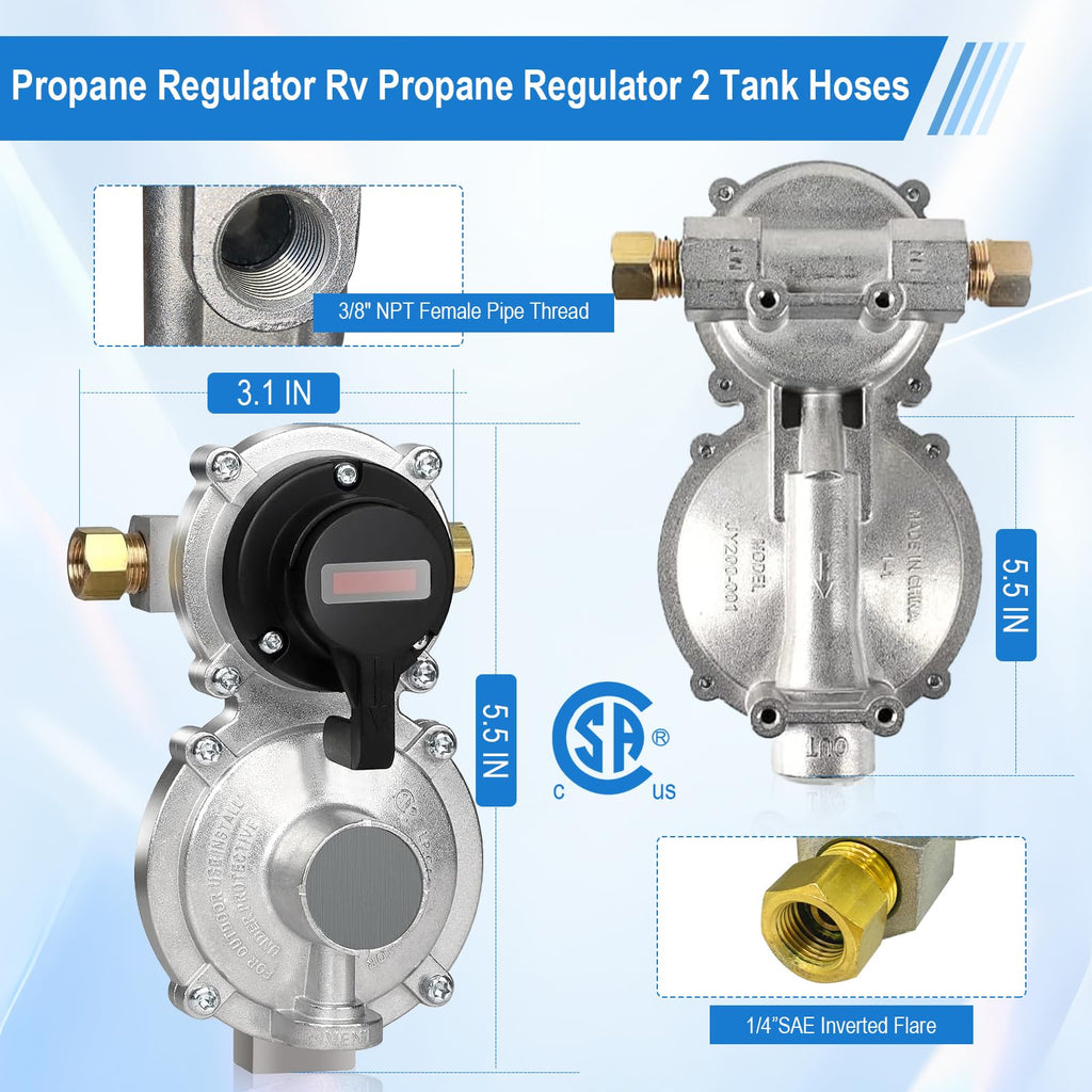 Rv Propane Regulator 2 Tank Hoses, LP Gas Regulator 2-Stage Auto Changeover Kit, Dual Tank Hoses with Propane Tank Gauge, Two-Cylinder Connection