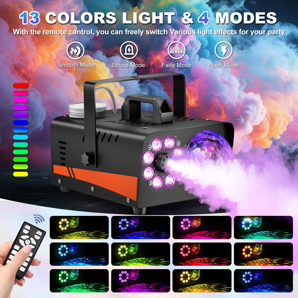 800W Fog Machine, 4500CFM for Halloween, Disco Light & Remote