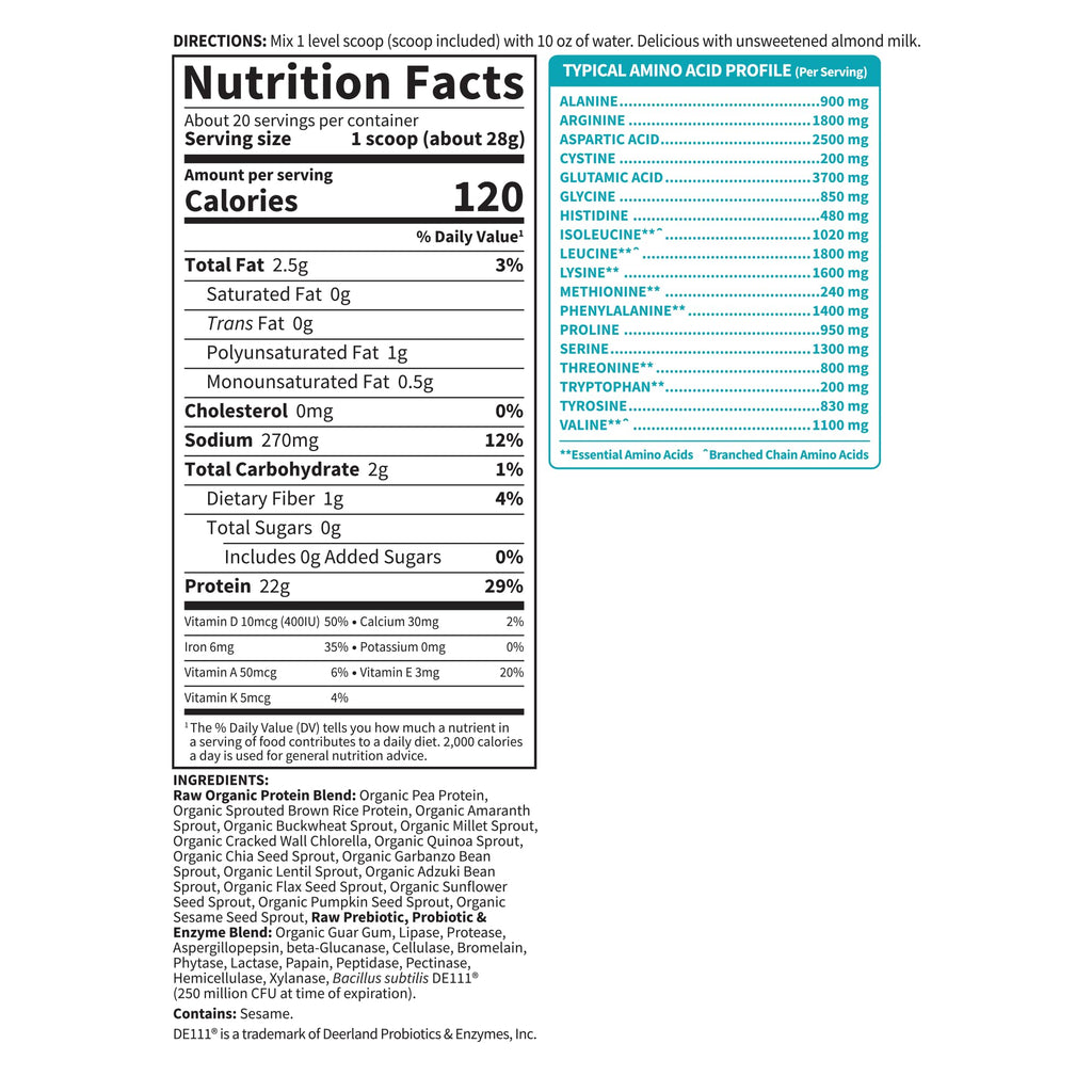 Garden of Life Raw Organic Protein Powder, Vegan, Unflavored, 20 Servings