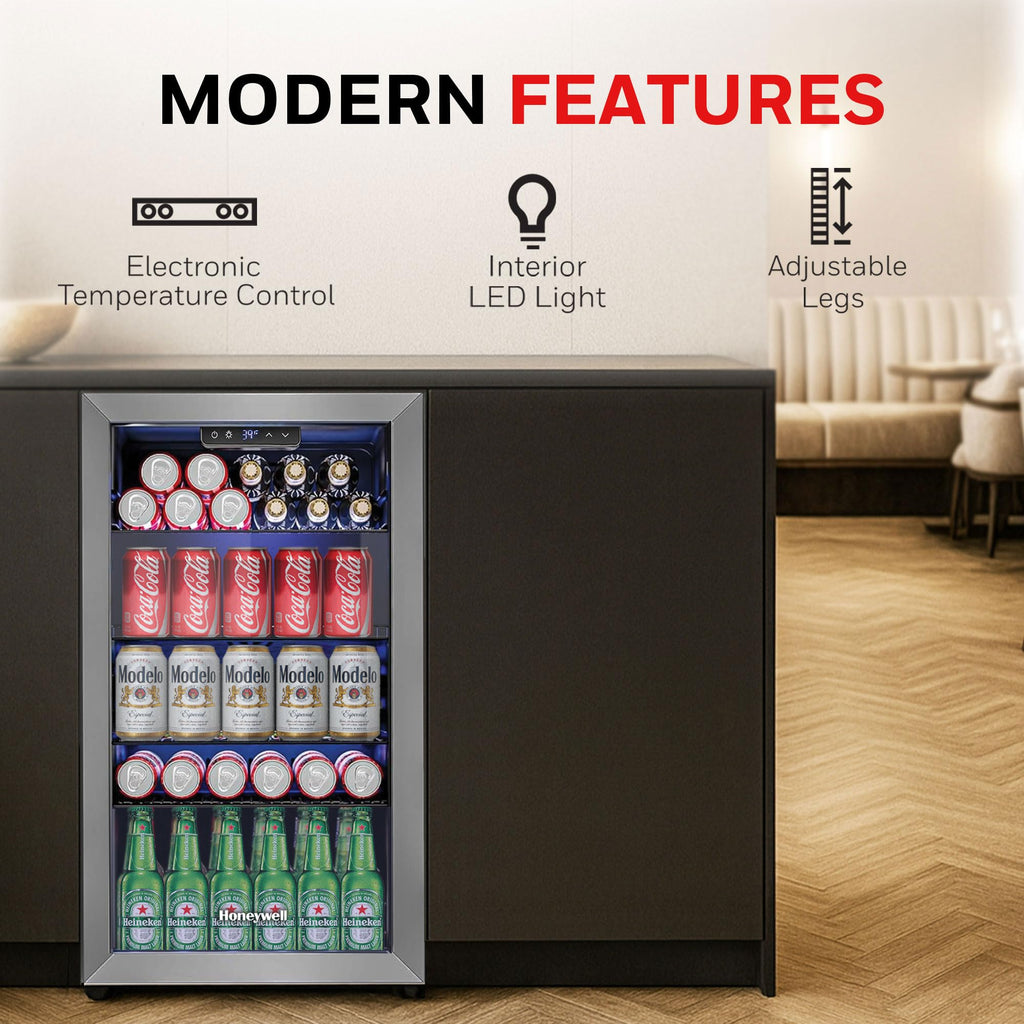 Honeywell Beverage Refrigerator and Cooler, 116 Can Mini Fridge with Glass Door for Soda Beer or Wine for Office or Bar with Adjustable Removable