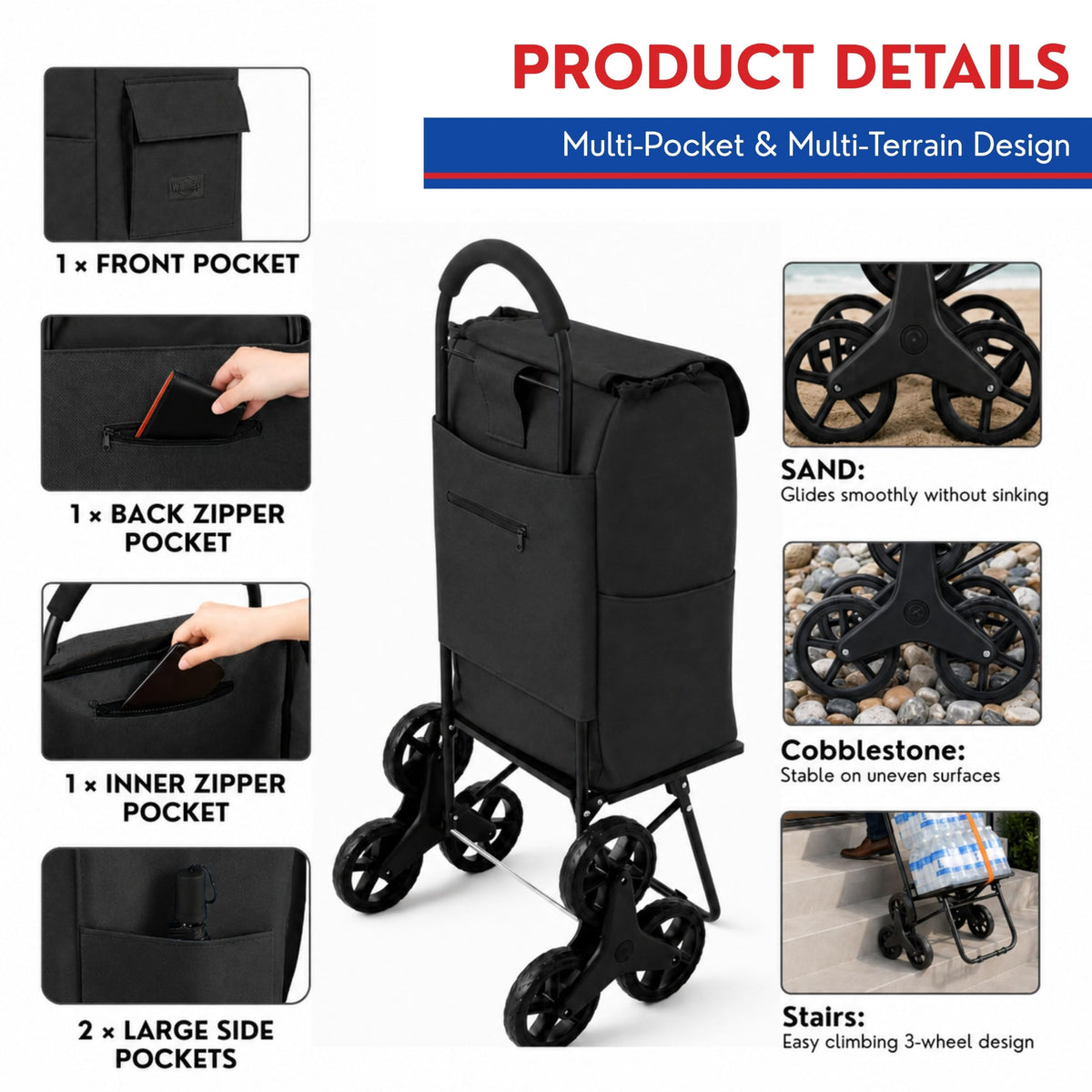 Shopping Cart, Super Loading Stair Climber 220 lbs Capacity, Grocery Foldable Trolley with Extra Large Shopping Bag Laundry Utility Cart with
