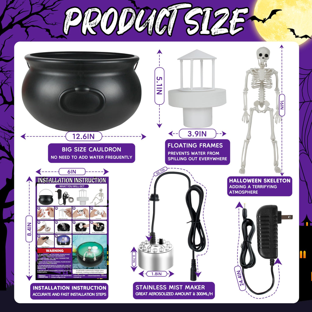 Halloween Mist Maker Fogger, 12.6" Big Witch Cauldron Skeleton with Color Change LED Light Large Capacity of Mist Water Fountain Pond Fog Machine and