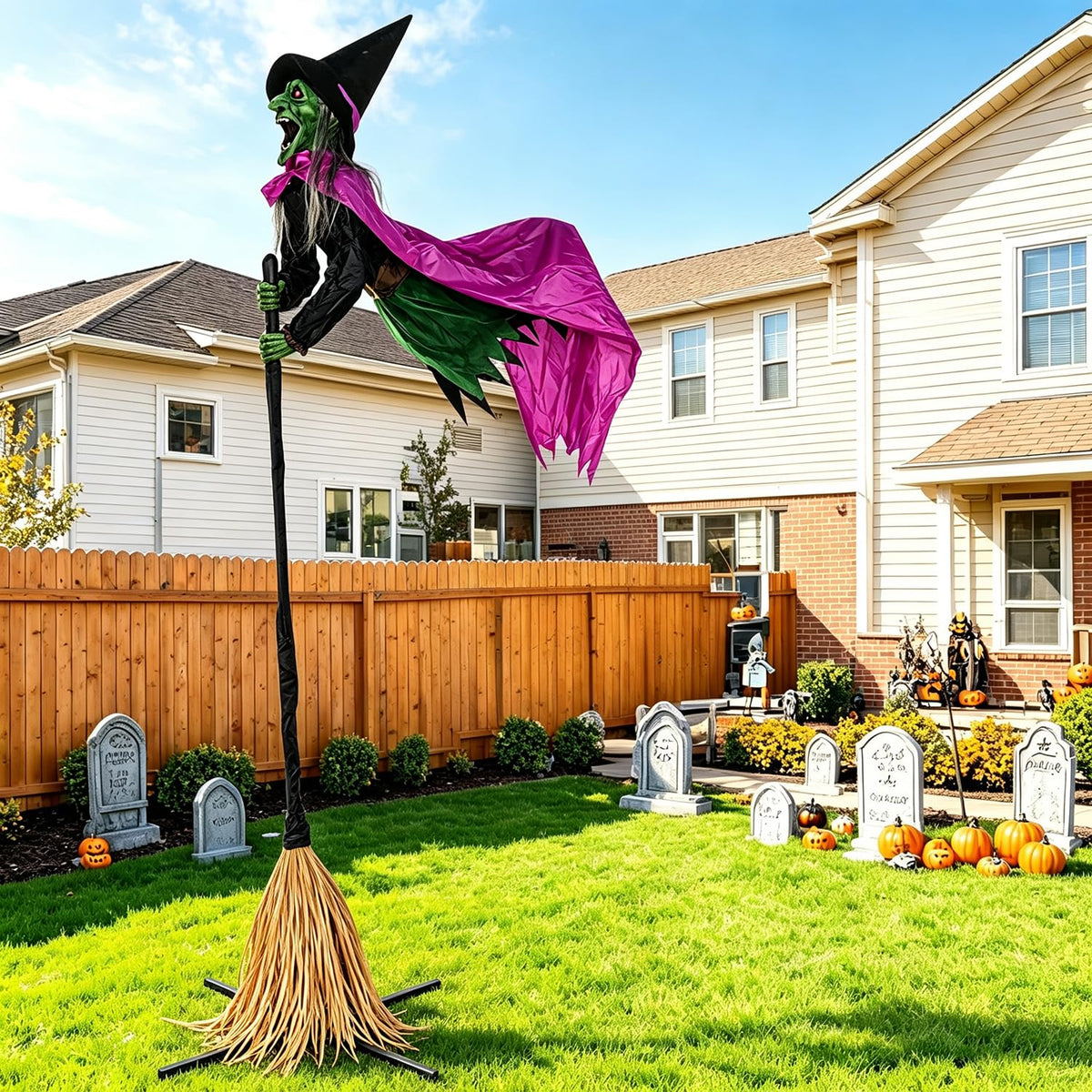Halloween Decorations Outdoor – 10.5FT Animated Hovering Witch Animatronics with Sound & Footpad Activation – Spooky Flying Witch on Broom Decor for