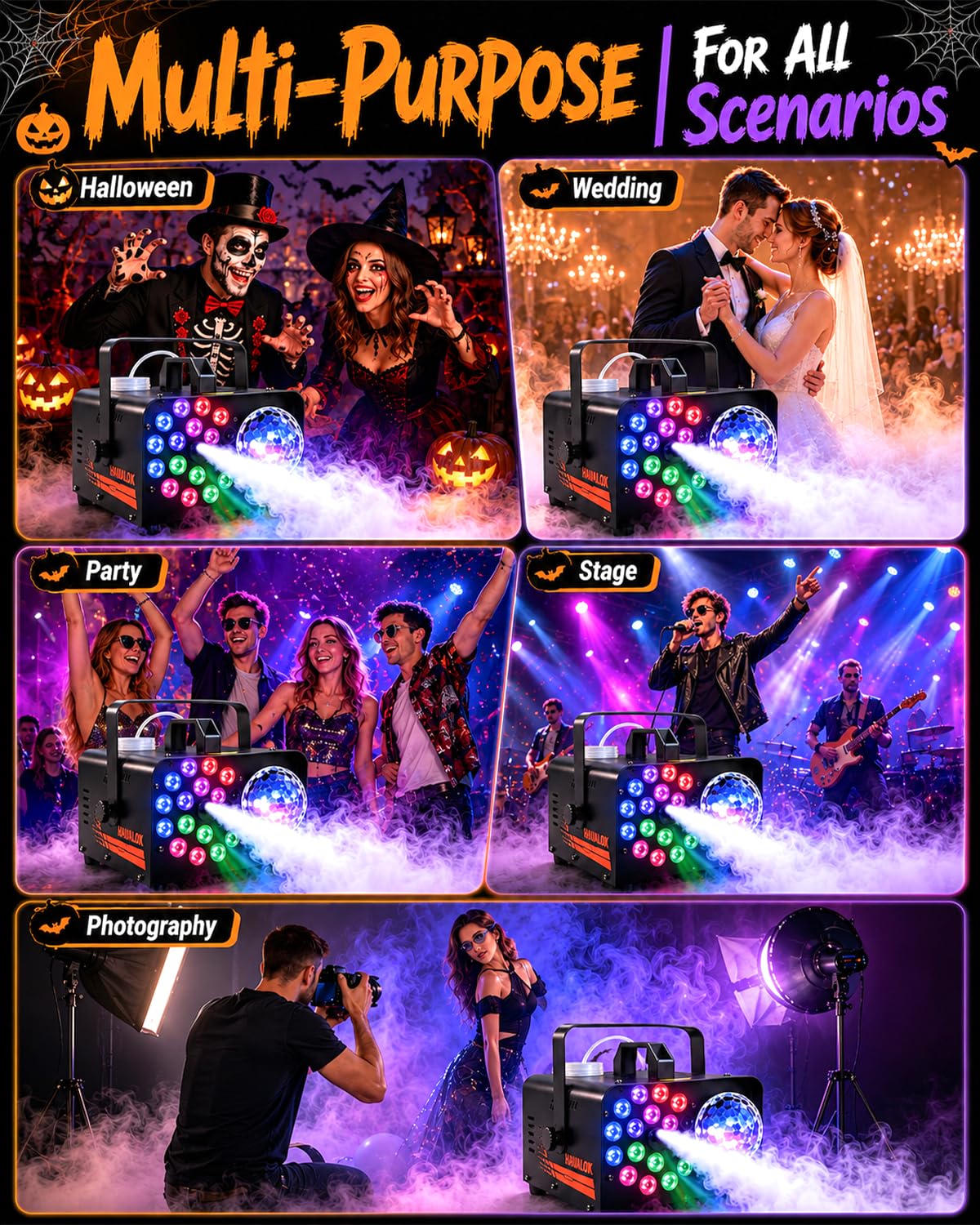 1000W Fog Machine, 4500CFM Output Smoke Machine with Disco Ball Lights, 18 Color LED Effects, Wireless Remote Control, Perfect for Halloween, DJ