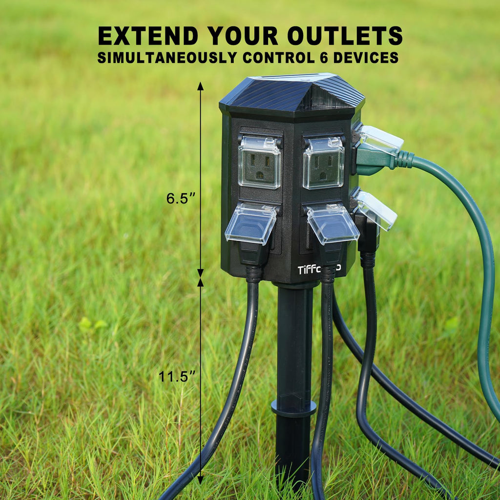Outdoor Power Strip Weatherproof, 25 FT Extension Cord with Stake, 6 Grounded Outlets for Halloween and Christmas Decorations, 15A/1875W, ETL Listed