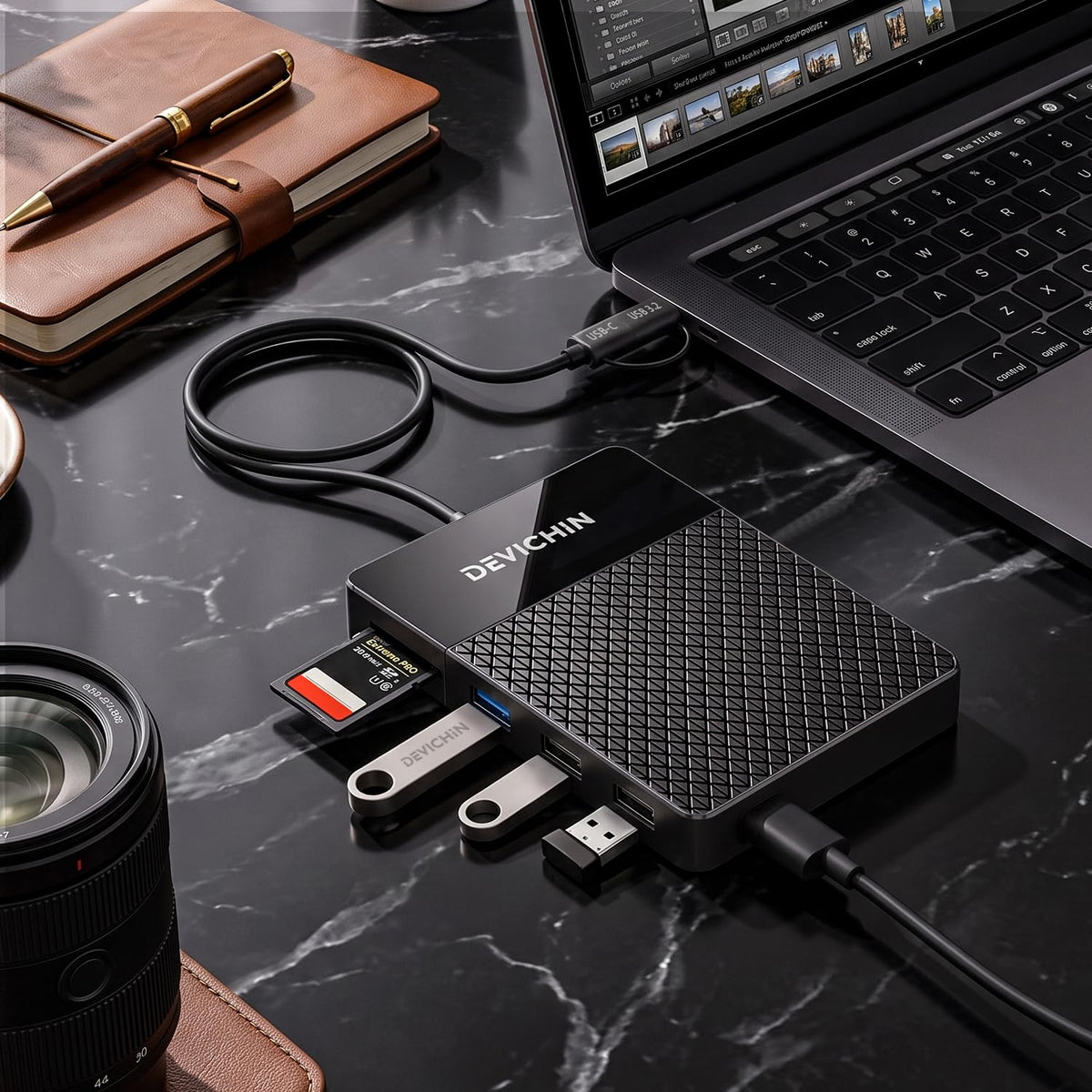 1TB External Hard Drive, USB C & USB 3.0 Multiport Hub+ SD/TF Card Reader 7-in-1 All in One, Docking Station, Multi-Function HDD for Windows, Mac