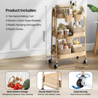 3-Tier Rolling Utility Cart with 4 Woven Baskets, Diaper Book Snack Cart, Storage Organizer for Nursery, Kitchen, Craft Room, Home SPA, Living Room