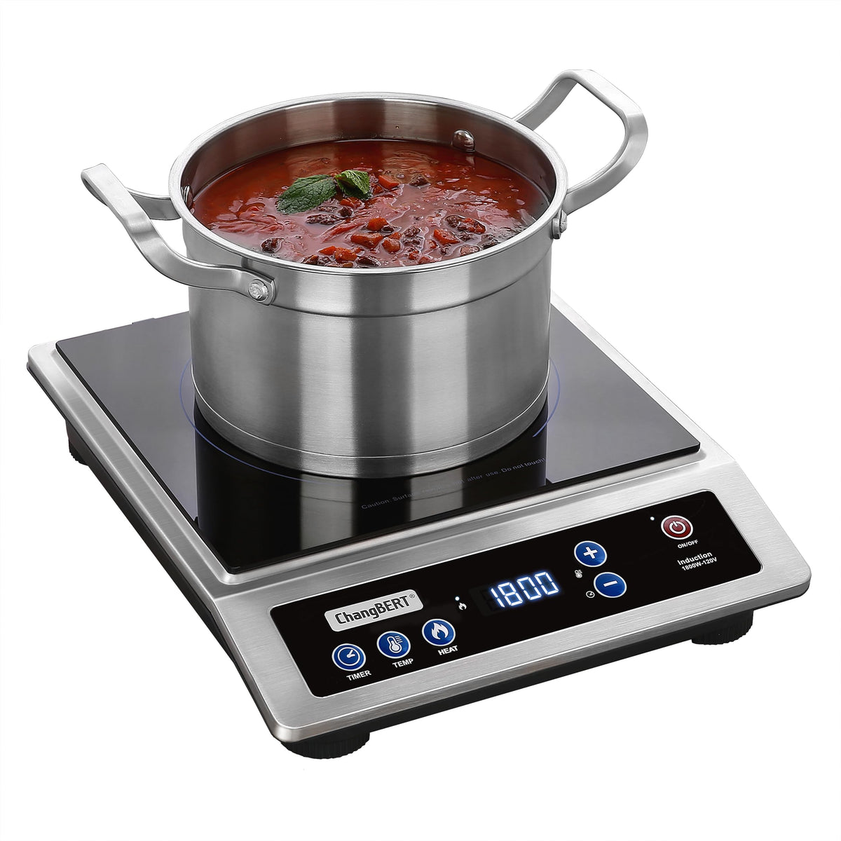 ChangBERT Induction Cooktop, Commercial Grade Portable Cooker, Large 8” Heating Coil, Premium Stainless Steel Countertop Burner with NSF Certified
