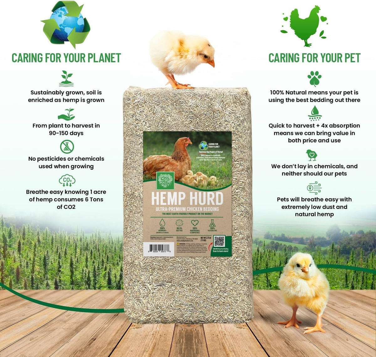 Small Pet Select Hemp HURD Chicken Coop Bedding, Odor Control, 18 lb