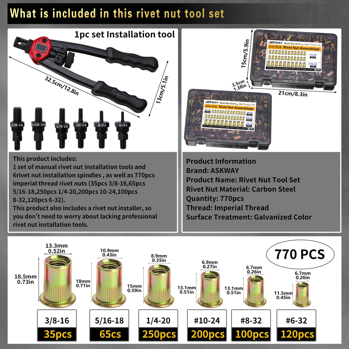 ASE Pressure Rivet Nut Tool Kit, 770pcs Imperial Rivet Nut