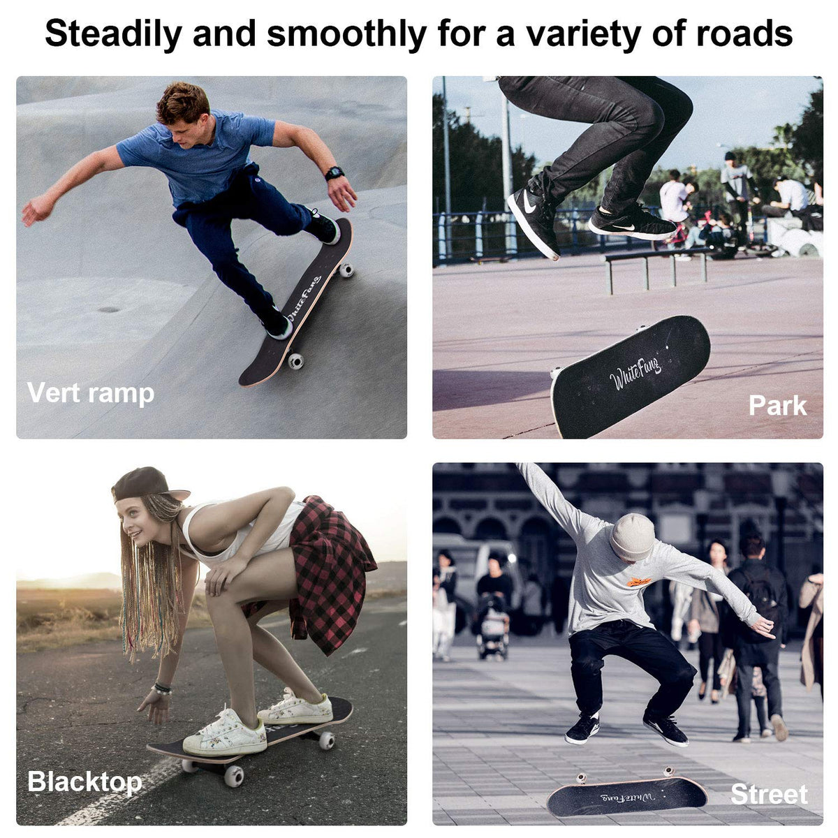 WhiteFang Skateboards for Beginners, Complete Skateboard 31 x 7.88, 7 Layer Canadian Maple Double Kick Concave Standard and Tricks Skateboards for