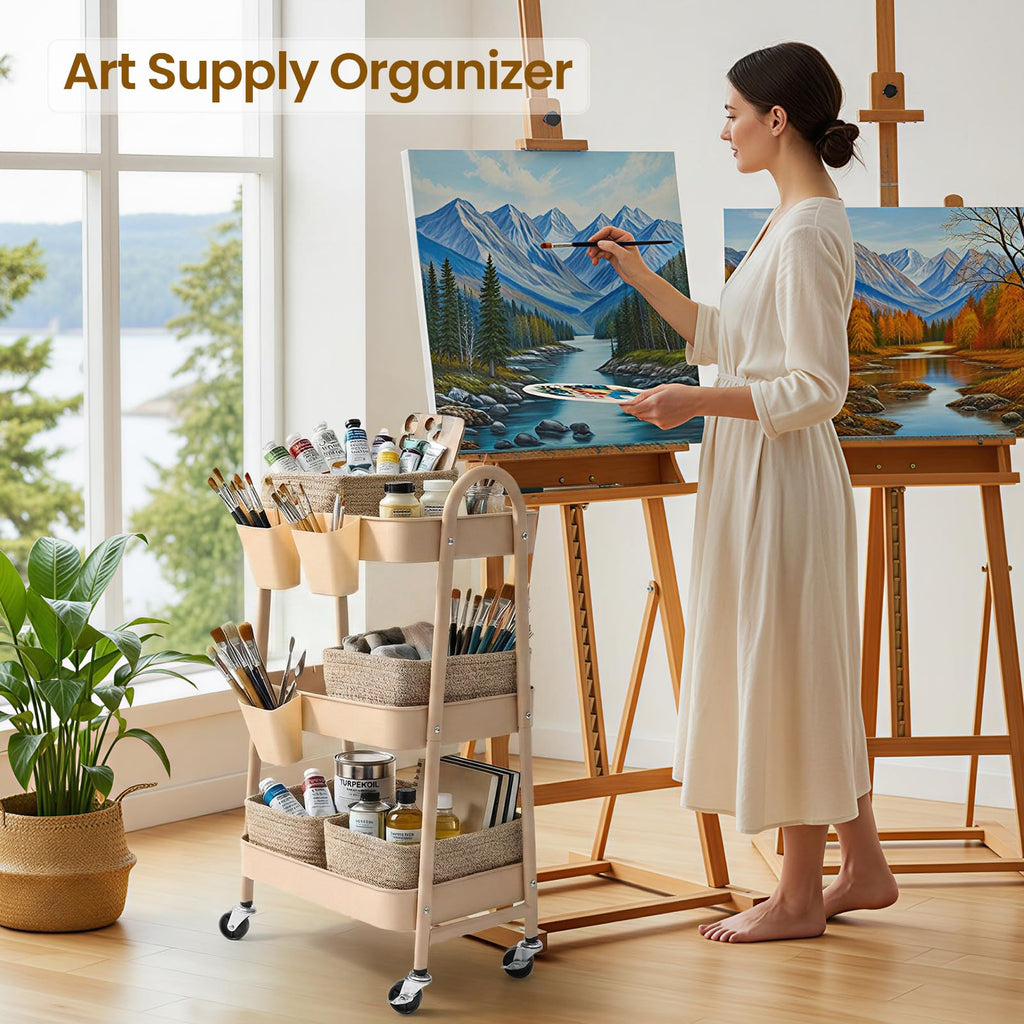 3-Tier Rolling Utility Cart with 4 Woven Baskets, Diaper Book Snack Cart, Storage Organizer for Nursery, Kitchen, Craft Room, Home SPA, Living Room