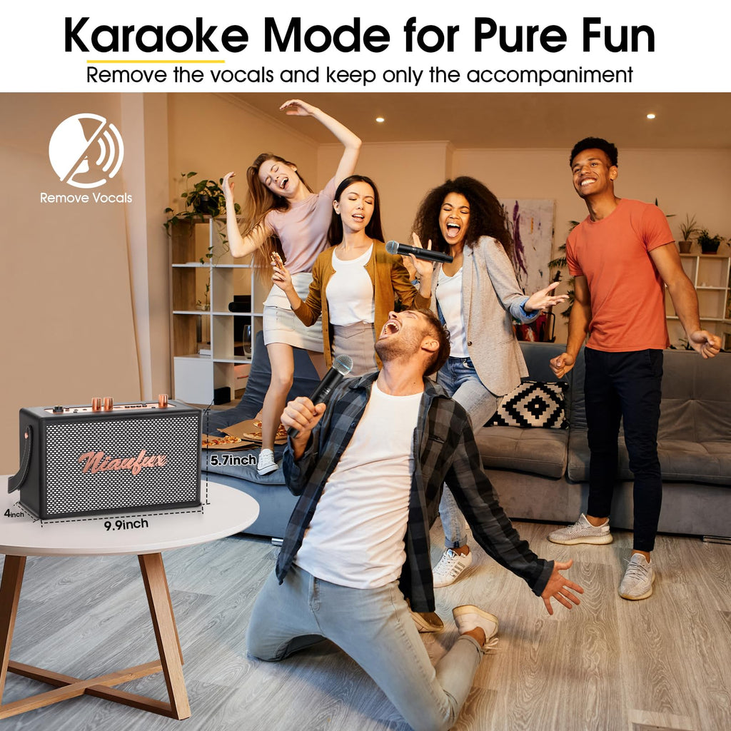 Karaoke Machine, Retro-Design Speaker with 2 Wireless Microphones for Adults & Kids, Portable Karaoke System for Home Party, Bluetooth/AUX/USB/TF/TWS