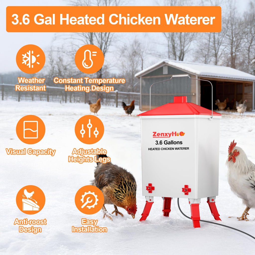 3.6 Gal Heated Chicken Waterer Bucket with 3 Adjustable Heights