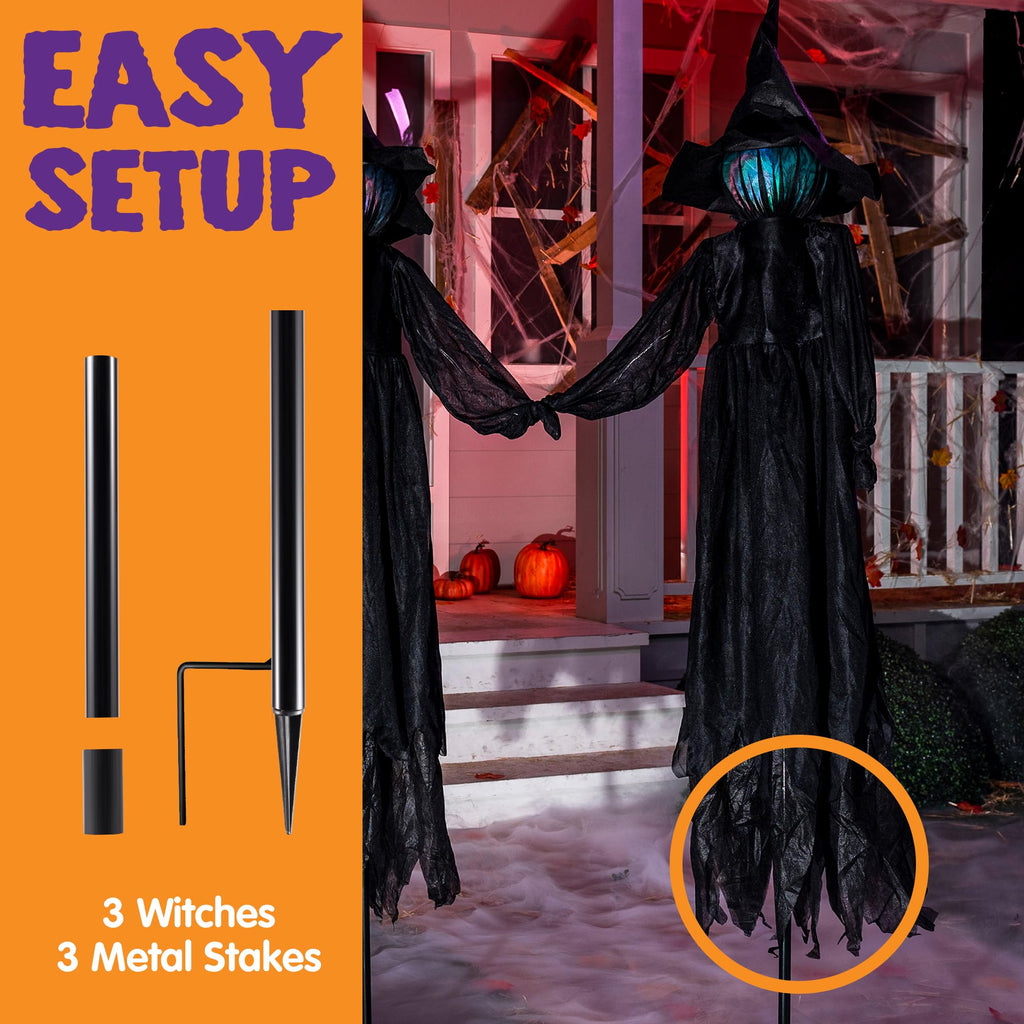 JOYIN Halloween Witch Decorations Outdoor Yard Stakes 3 Pack, 4.2 FT Multicolored Light Up Scary Flying Witch with Sound Activation, for Halloween