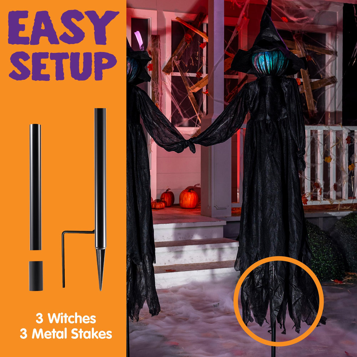 JOYIN Halloween Witch Decorations Outdoor Yard Stakes 3 Pack, 4.2 FT Multicolored Light Up Scary Flying Witch with Sound Activation, for Halloween