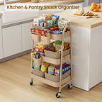 3-Tier Rolling Utility Cart with 4 Woven Baskets, Diaper Book Snack Cart, Storage Organizer for Nursery, Kitchen, Craft Room, Home SPA, Living Room