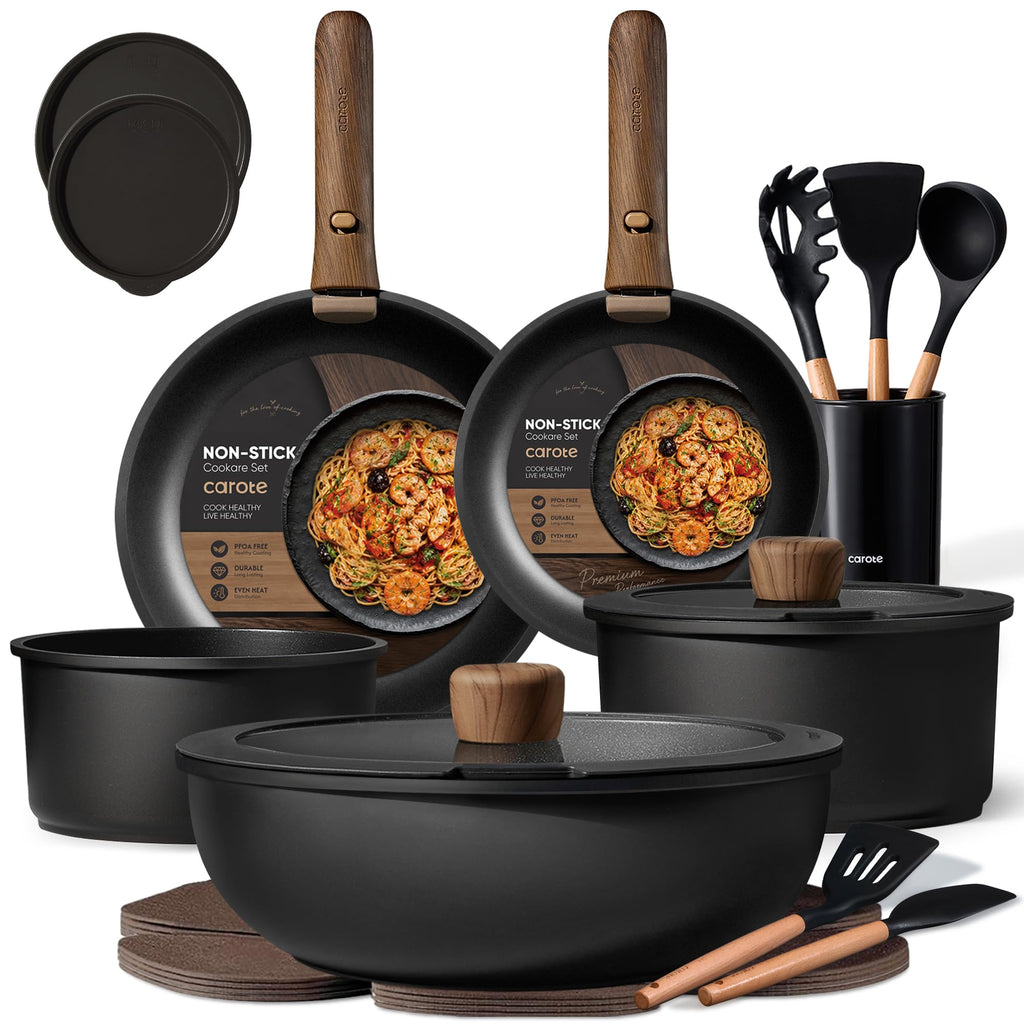 CAROTE 21pcs Pots and Pans Set Non Stick, Detachable Handle Cookware, Black