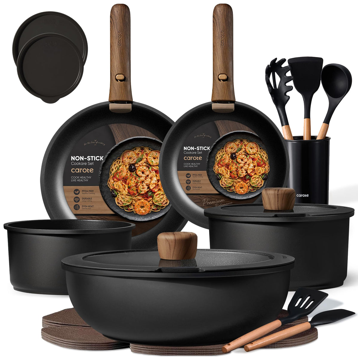 CAROTE 21pcs Pots and Pans Set Non Stick, Detachable Handle Cookware, Black
