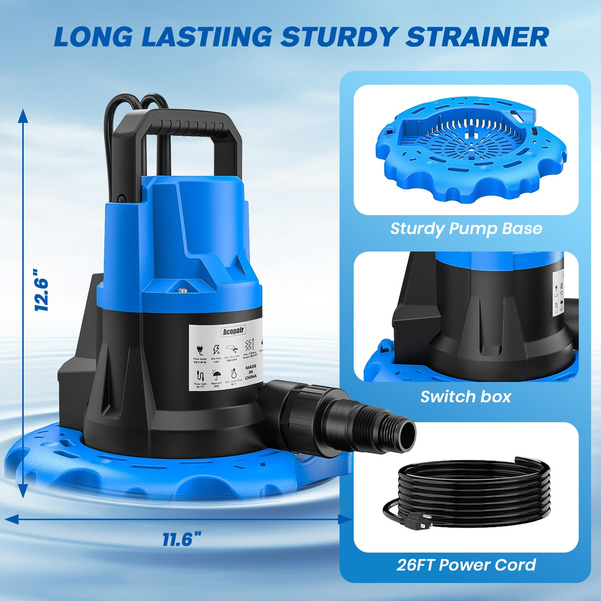 1 HP Automatic Cover Pump, 5000 GPH Submersible Pumps with 3/4” Check Valve Adapter & 25ft Power Cord, Water Removal for Pool, Hot Tubs, Rooftops