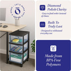 Homz 3 Drawer Plastic Storage Cart Organizer, Clear Drawers, Black Frame