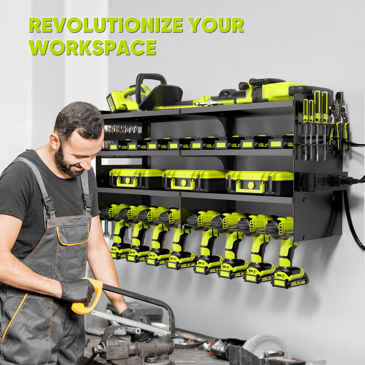 Large Power Tool Organizer Wall Mount with Charging Station,4 Layer Heavy Duty Metal Tool Storage Rack Loads 600lbs with 8 Cordless Drill Holder