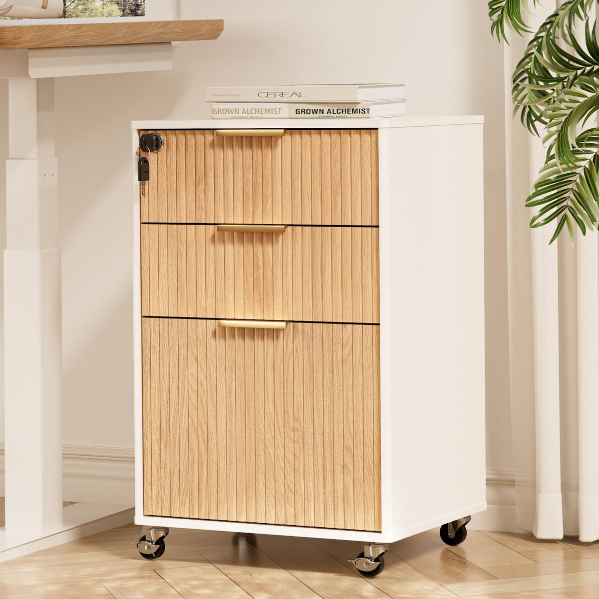 3 Drawers Fluted Mobile File Cabinet with Lock, Rolling File Cabinet Printer Stand Table, Under Desk Wooden Filing Cabinets for Home Office