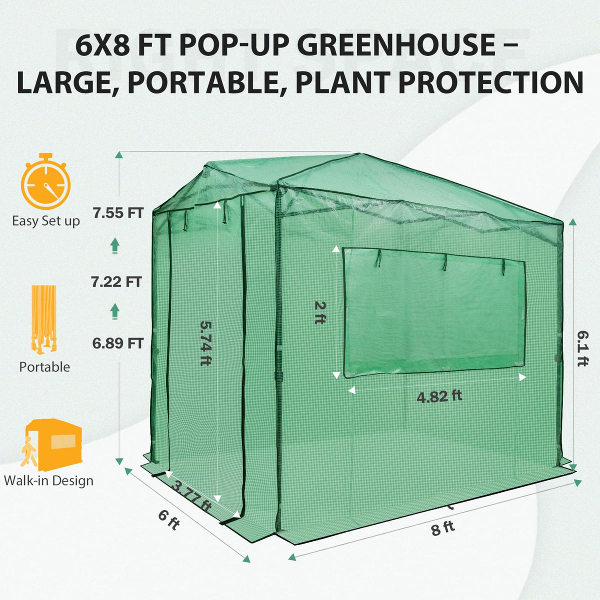 EAGLE PEAK 8x6 Easy Setup Pop Up Greenhouse, Clear/Green
