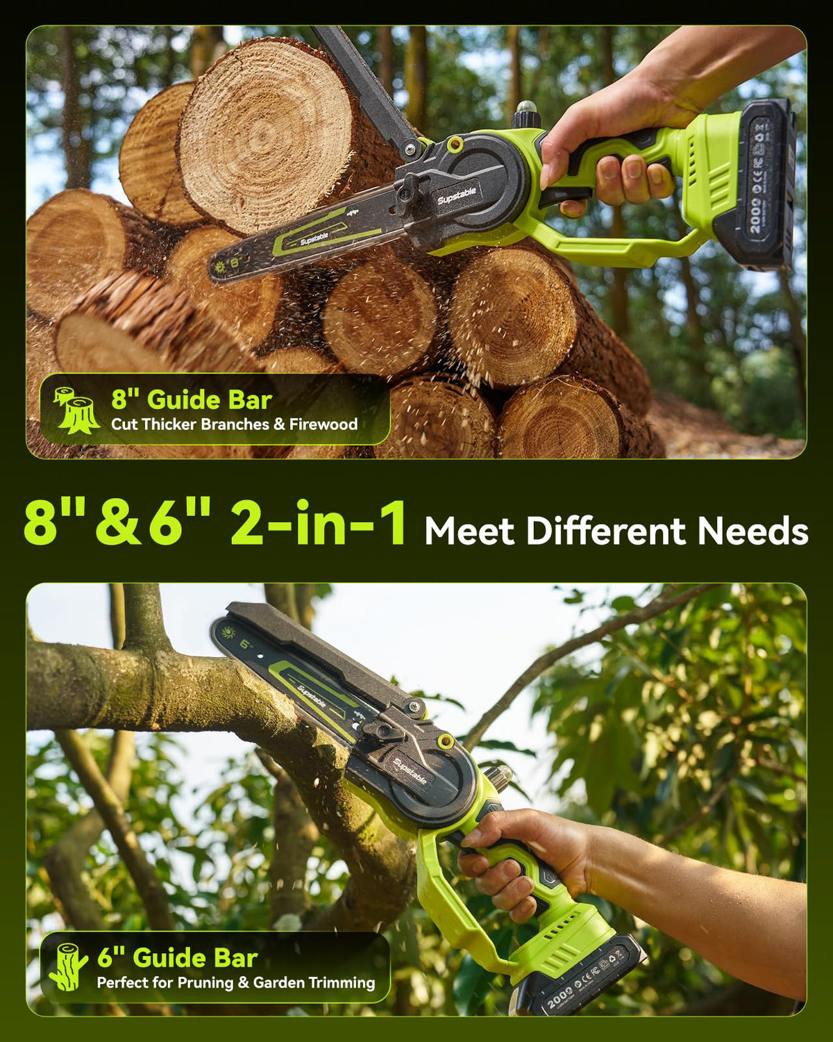 Mini Chainsaw Cordless, 8 Inch & 6 Inch Electric Chainsaw Battery Powered, 1000W Brushless Handheld Power Chain Saw with 2 Batteries, Small Tree Saw