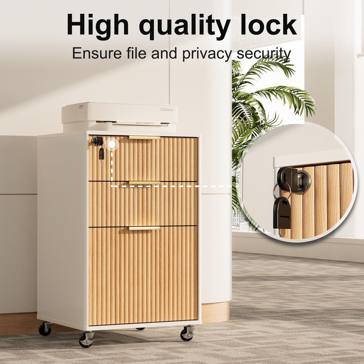3 Drawers Fluted Mobile File Cabinet with Lock, Rolling File Cabinet Printer Stand Table, Under Desk Wooden Filing Cabinets for Home Office