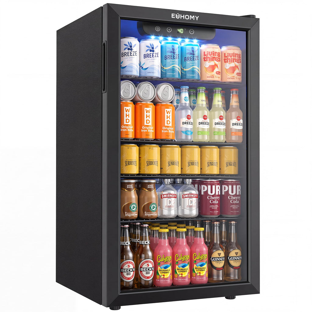 EUHOMY 130 Can Mini Fridge, Beverage Refrigerator with Glass Door, Black