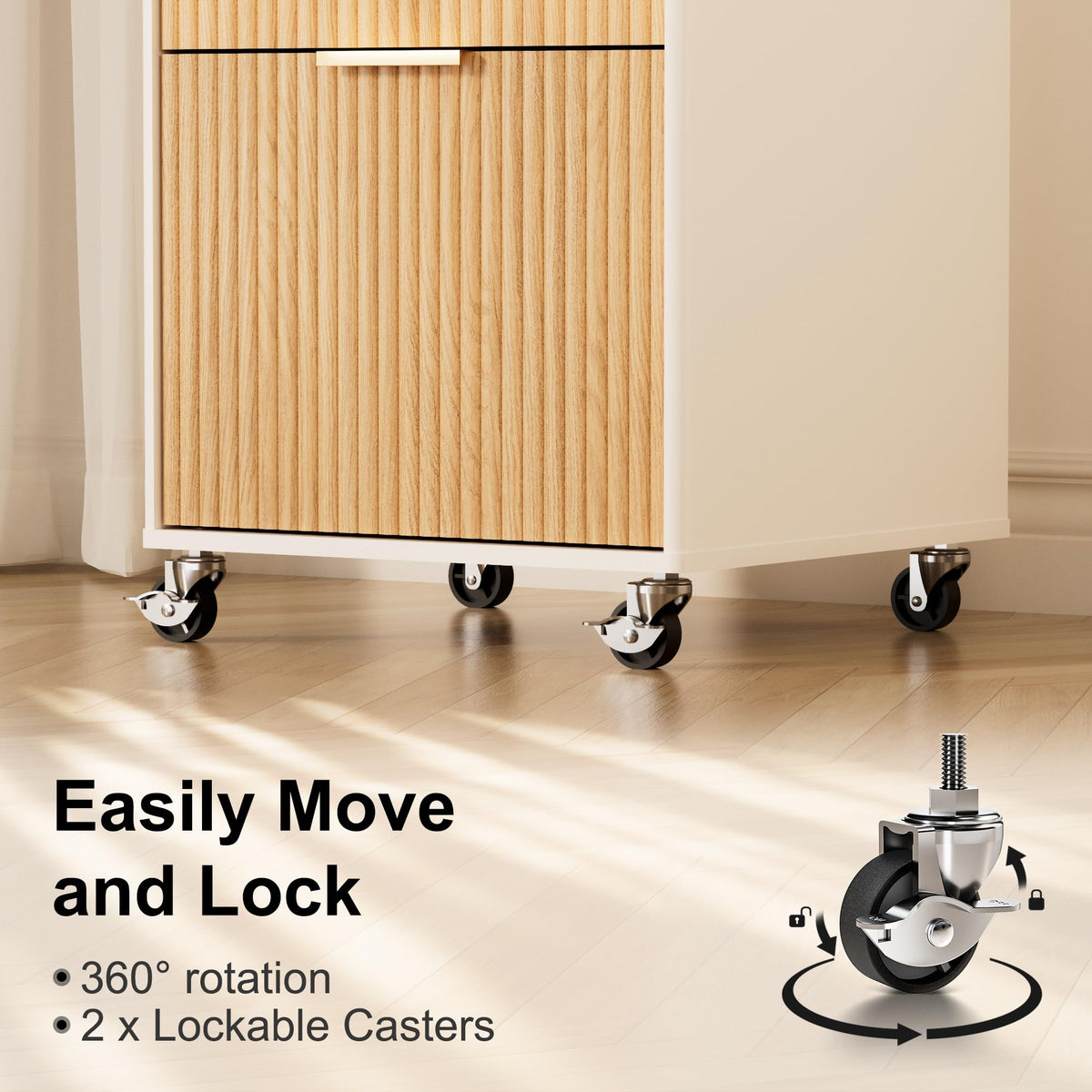 3 Drawers Fluted Mobile File Cabinet with Lock, Rolling File Cabinet Printer Stand Table, Under Desk Wooden Filing Cabinets for Home Office