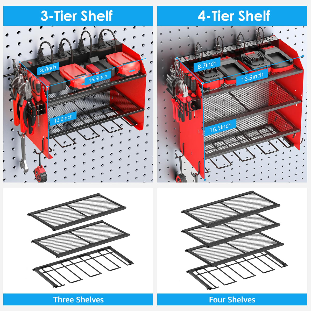 CCCEI Wall Mount Modular Tool Charging Organizer, Red, 1 Pack, 3 Tier.