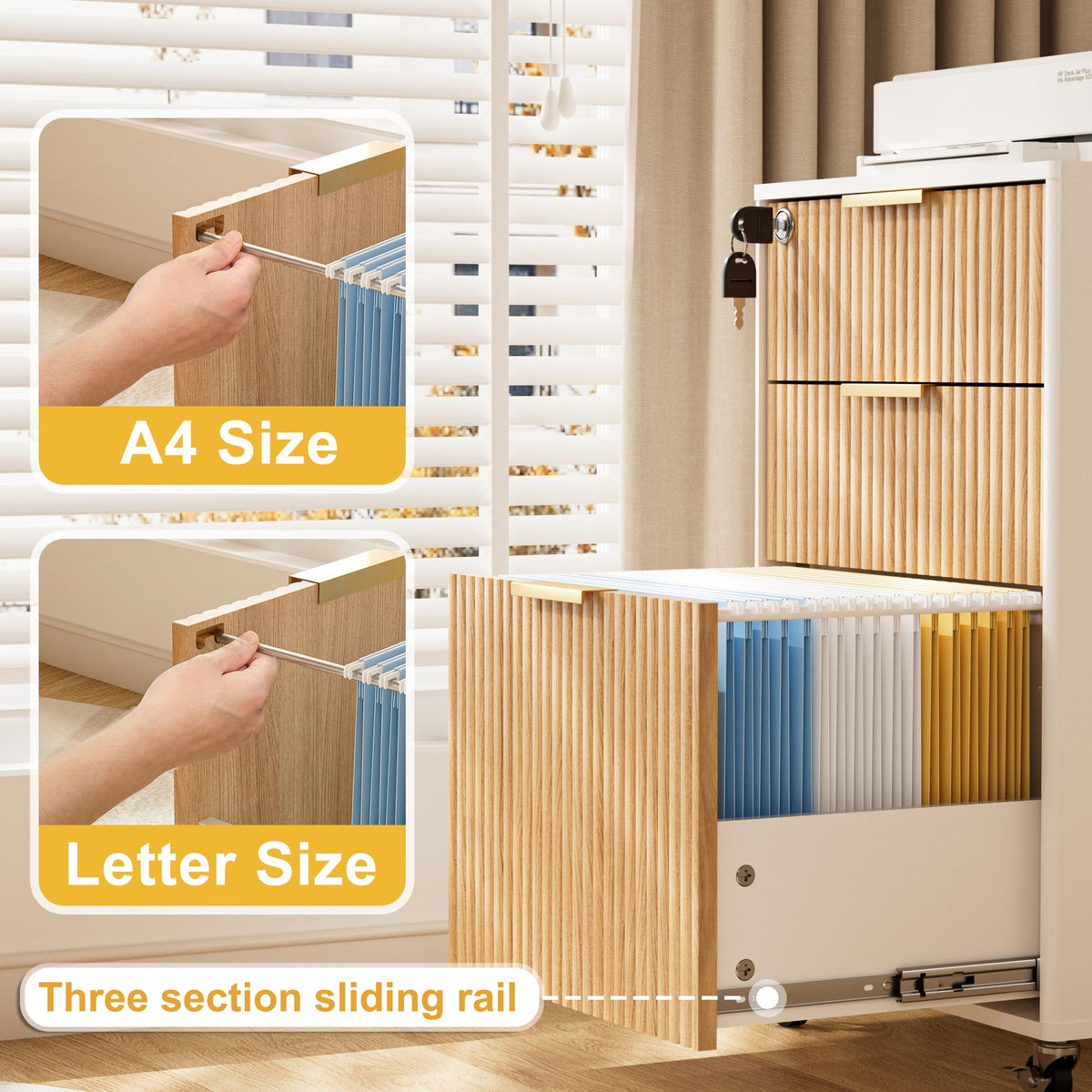 3 Drawers Fluted Mobile File Cabinet with Lock, Rolling File Cabinet Printer Stand Table, Under Desk Wooden Filing Cabinets for Home Office