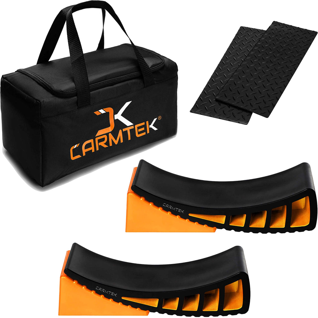 CARMTEK Camper Leveler Premium Kit - Curved RV Levelers with Camper Wheel Chocks, Rubber Mats and Carry Bag | Faster Camper Leveling Than RV Leveling