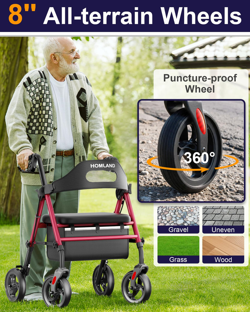 HOMLAND Foldable Rollator Walker for Seniors with Seat, 16" Extra-Wide Seat