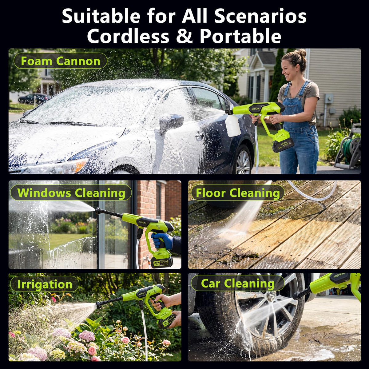 Cordless Pressure Washer, 1450 PSI Portable Handheld Power Washer with 6-in-1 Nozzle, 2 x 4.0Ah Batteries & Charger, for