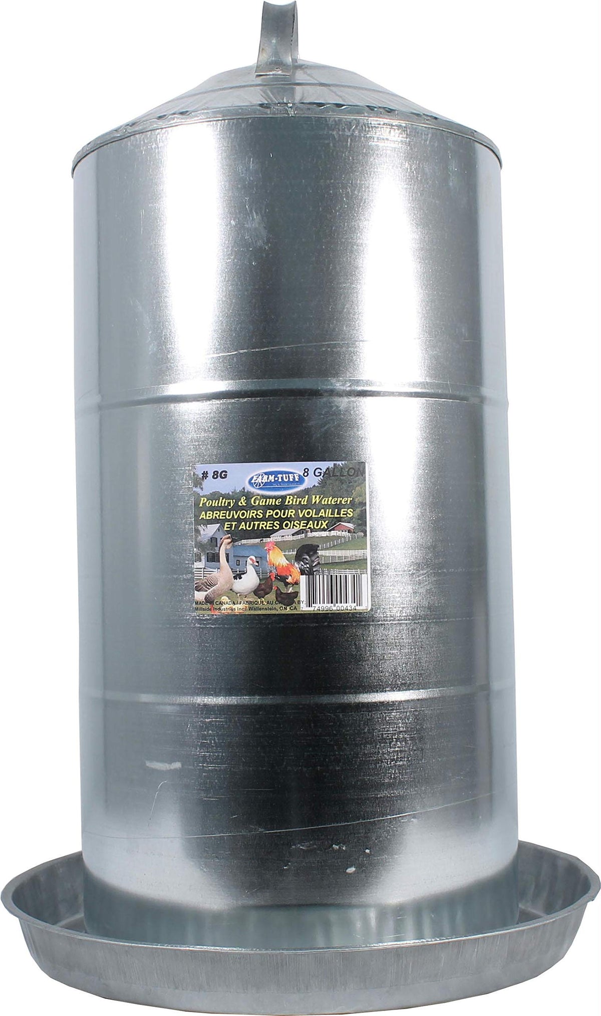 FARM-TUFF Galvanized Poultry Waterer, 8 Gallon Capacity - Double-Wall Poultry Fountain with Cone Top - Automatic Gravity-Fed Water Dispenser for