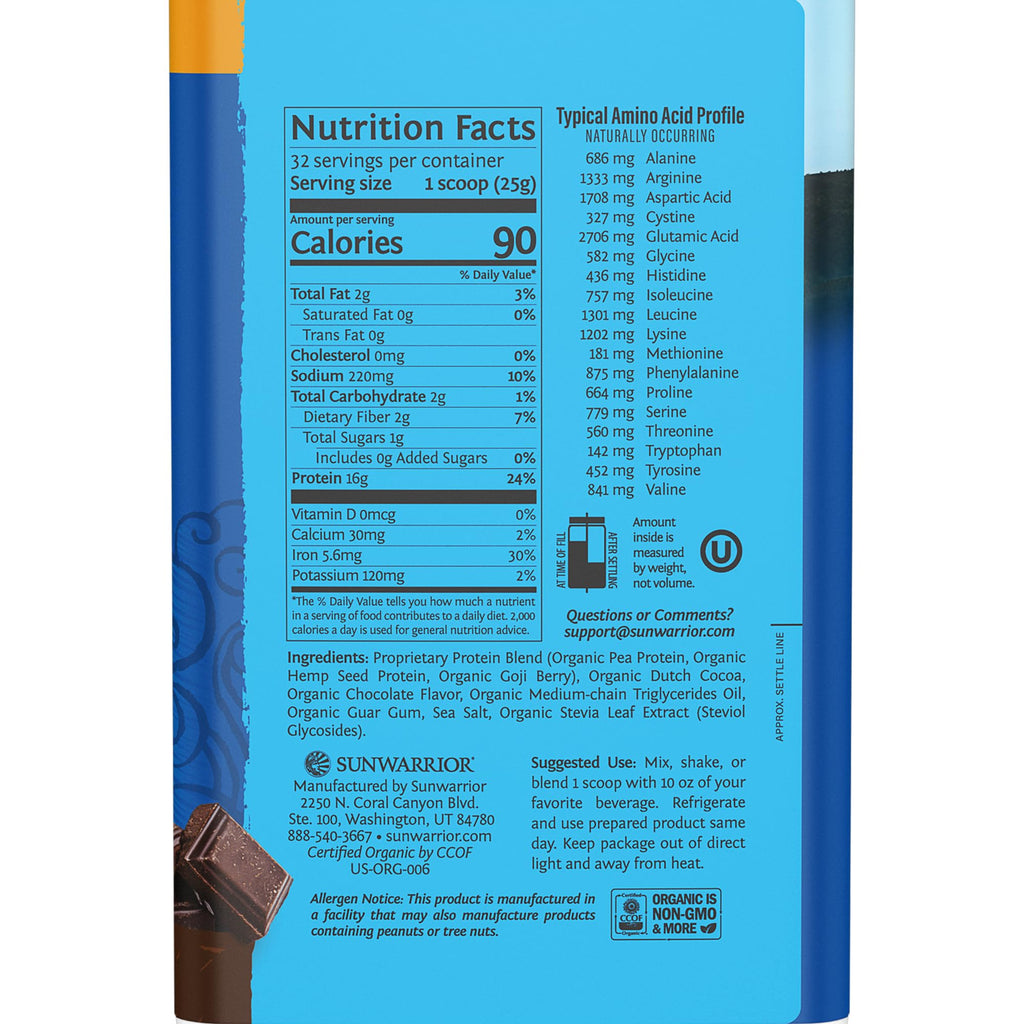 Sunwarrior Organic Plant Based Protein Powder, 32 Servings Chocolate