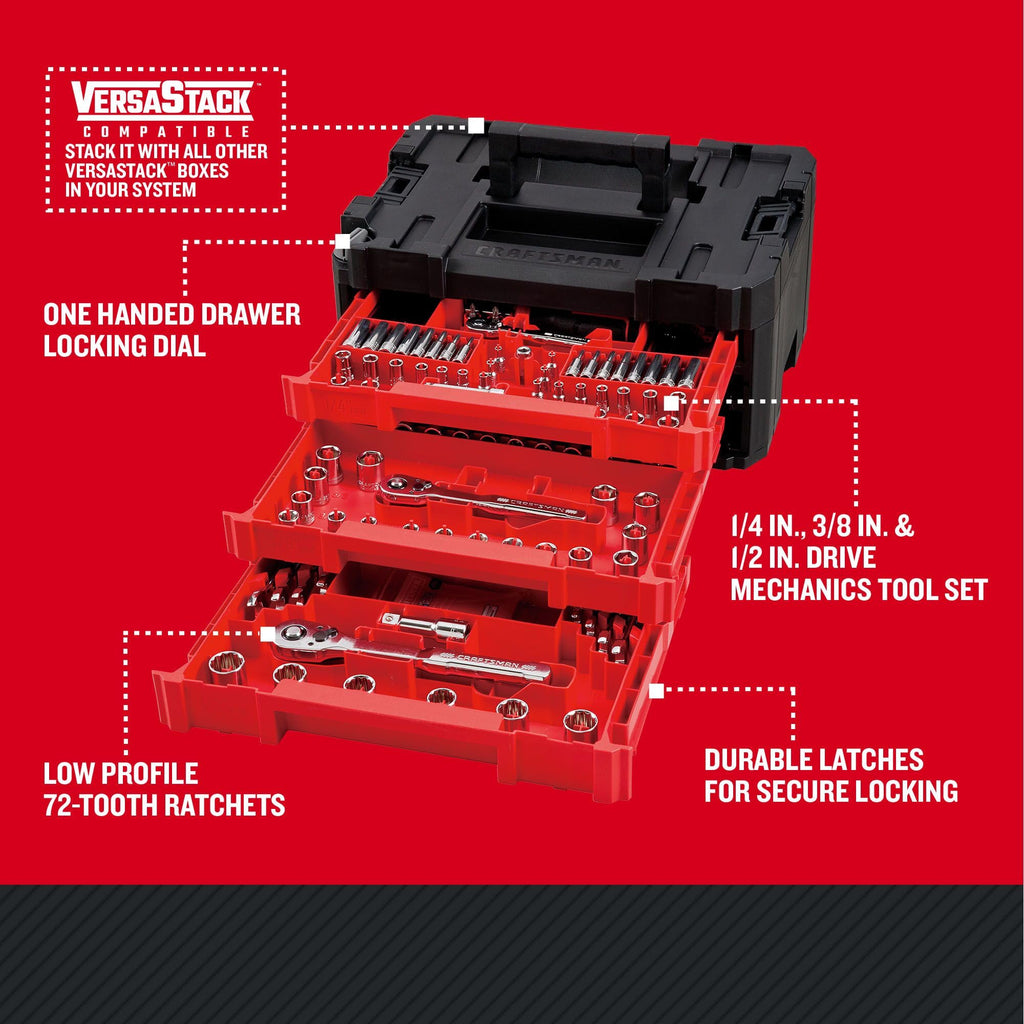 CRAFTSMAN 230 Pcs Mechanics Tool Set, Socket Wrench Set, Car Tool Kit with VERSASTACK Toolbox, SAE and Metric,1/4 in, 3/8 in, and 1/2 Drive, Short