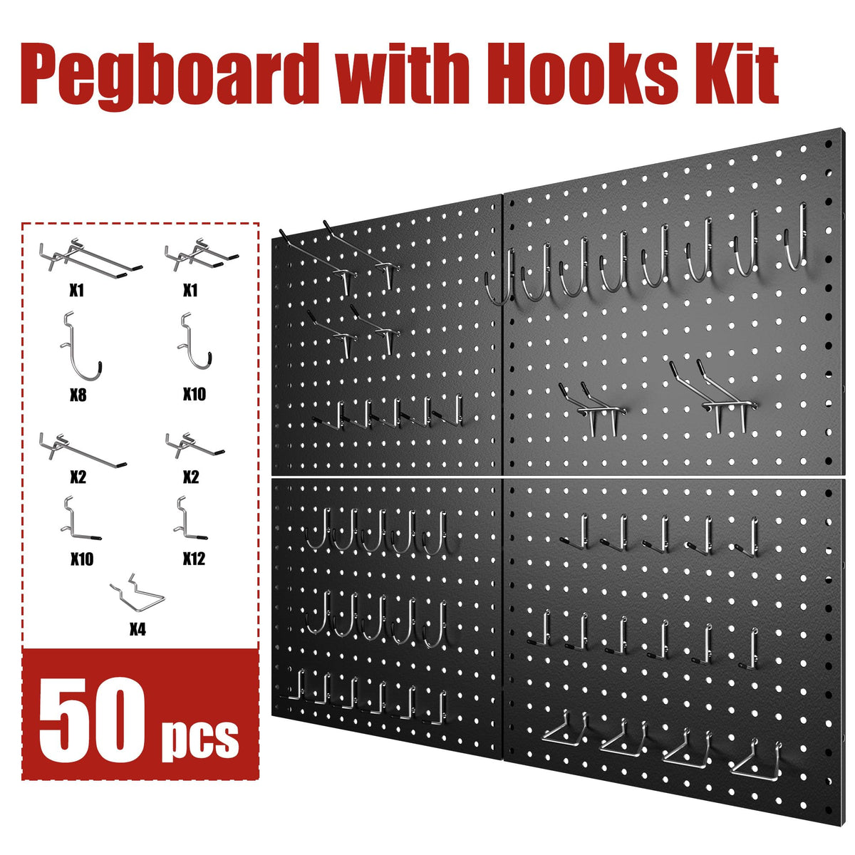 Peg Board, 4 Pack 16x12" Black Pegboard Organizer with 50 Hooks