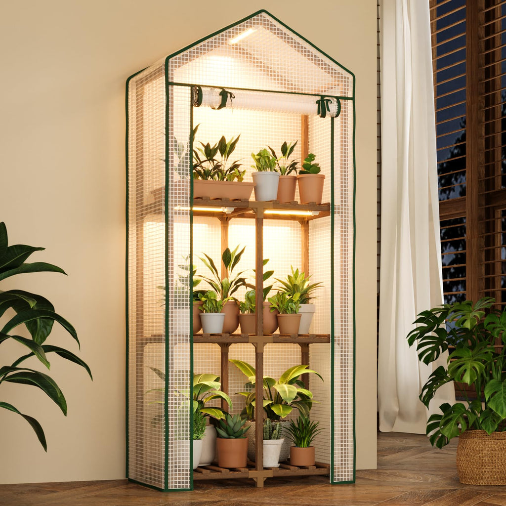 Bamworld Mini Greenhouse with Grow Light Plant Stand for Mutiple Pots Outdoor 3-Tier Portable Greenhouses with Durable PE Cover for Seedling Ideal