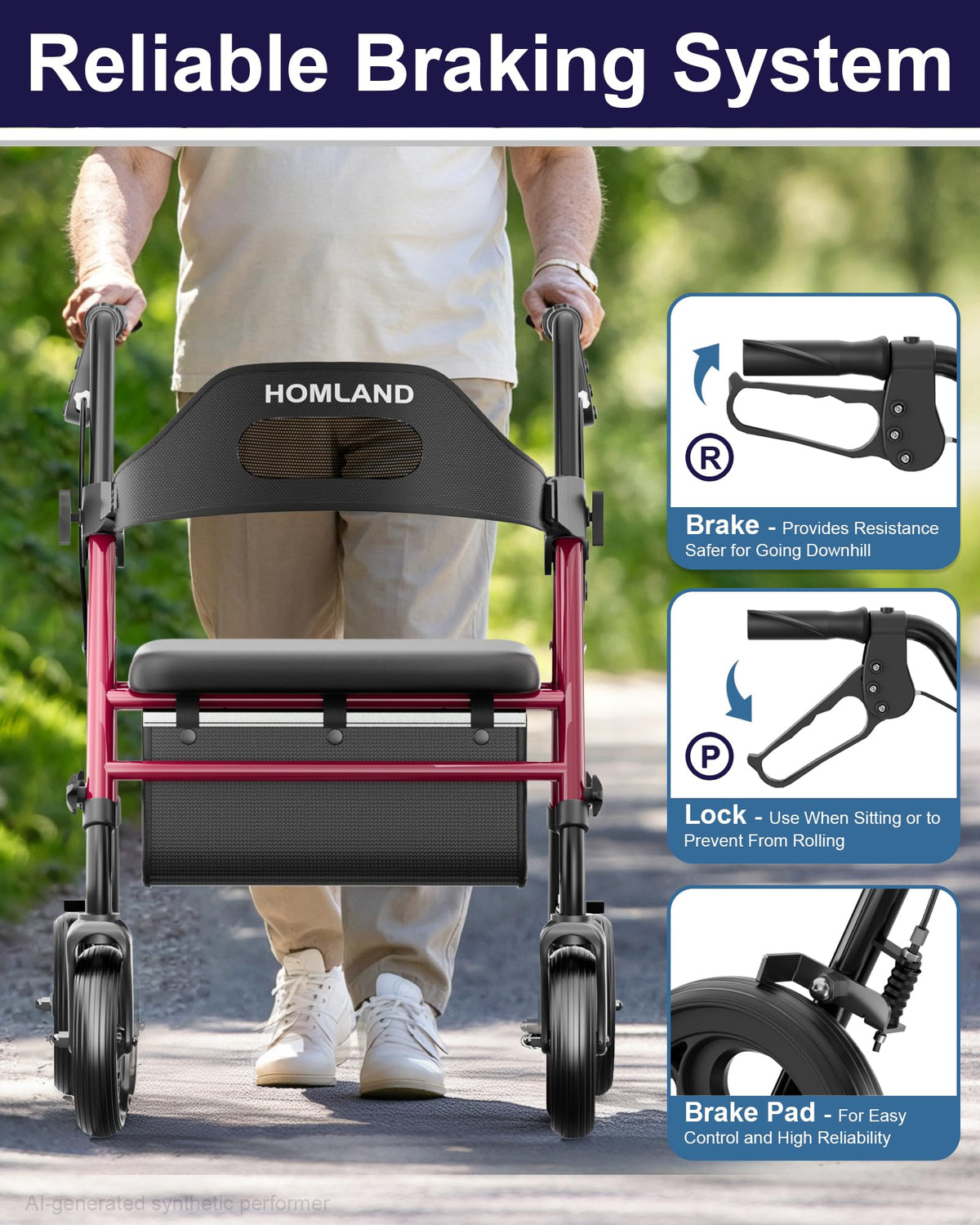 HOMLAND Foldable Rollator Walker for Seniors with Seat, 16" Extra-Wide Seat