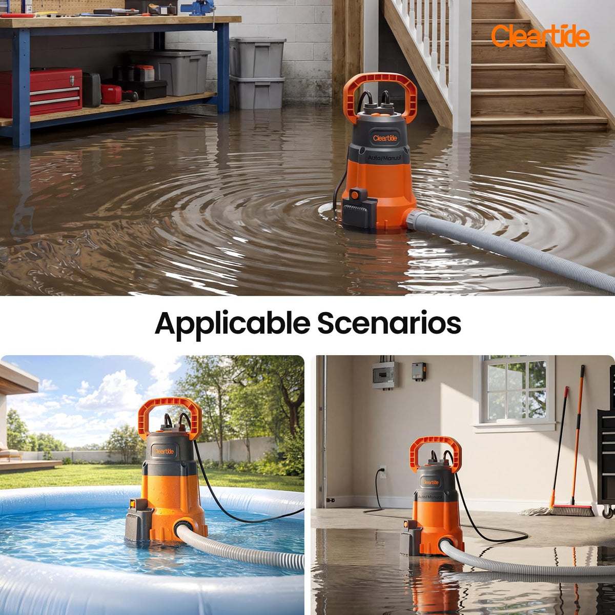 1/3 HP Submersible Utility Pump, 2790 GPH High Flow, Portable Sump Pump with Auto Water Sensor, Ideal for Pool, Flooded Basement, Hot Tub, Pond and
