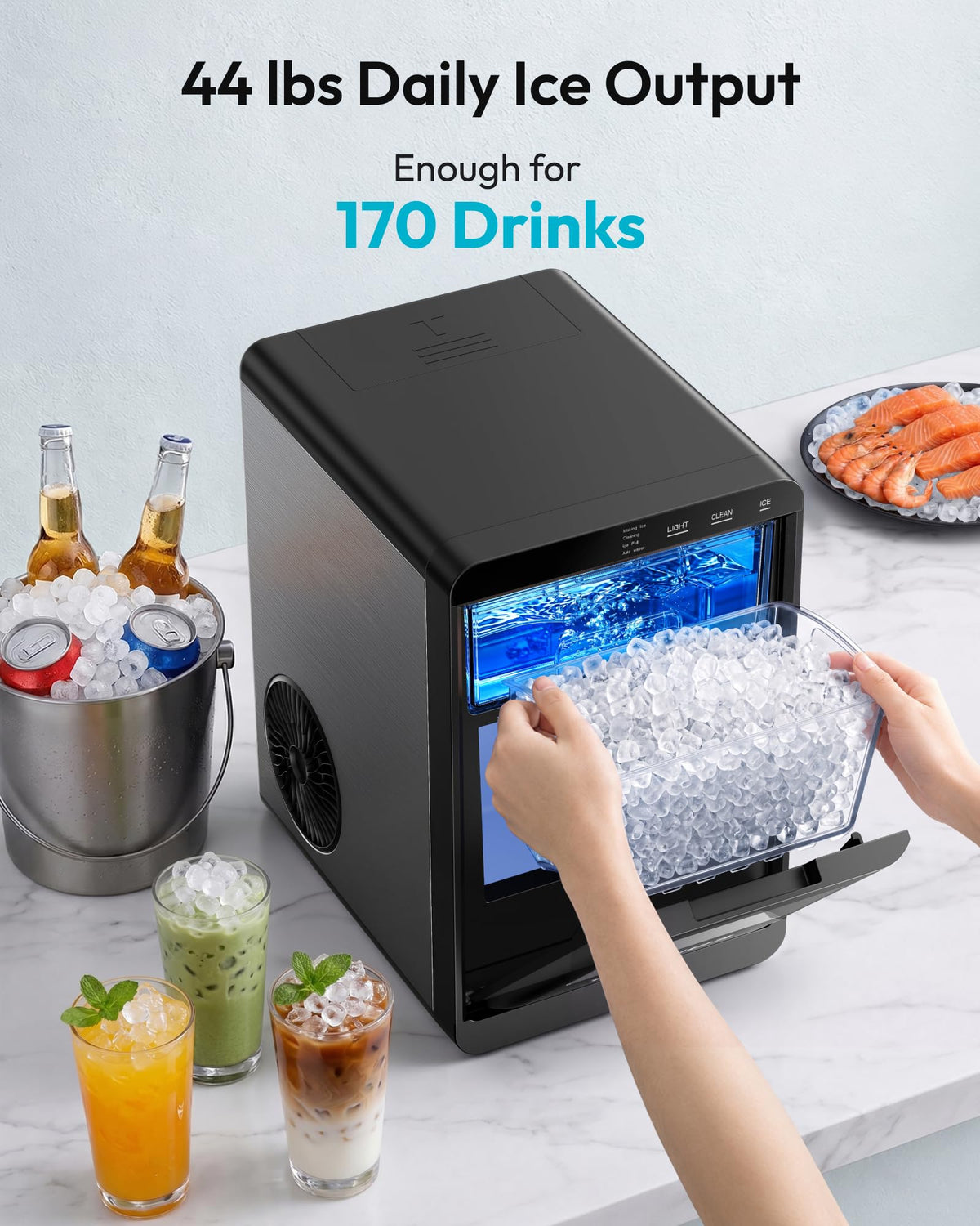 EUHOMY Nugget Ice Maker Countertop, 44lbs/24H, Ready in 7-10Mins, Black